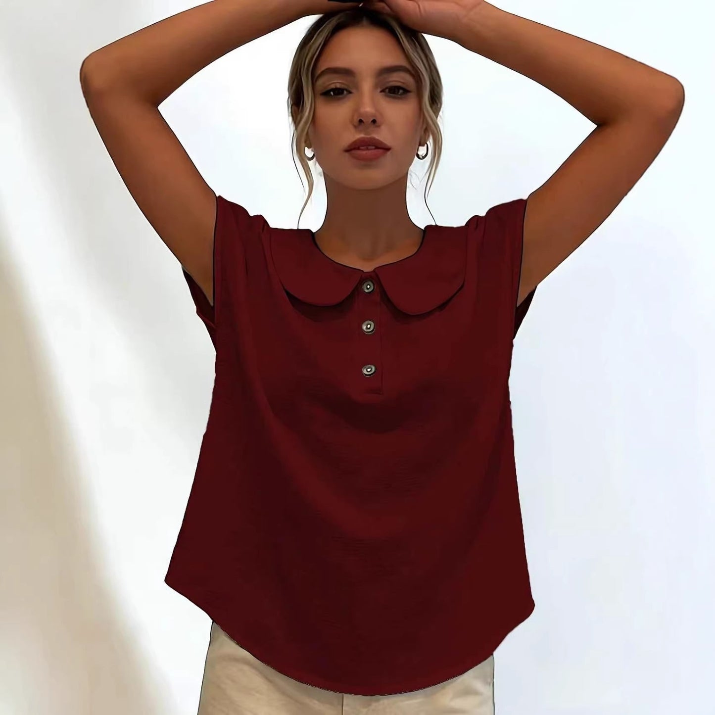 Women's Solid Color Short Sleeve Lapel Button-Up Top Shirt Casual Summer Beach Vacation - Seldom Seen Styles