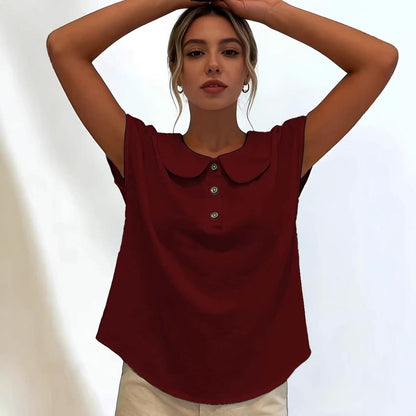 Women's Solid Color Short Sleeve Lapel Button-Up Top Shirt Casual Summer Beach Vacation