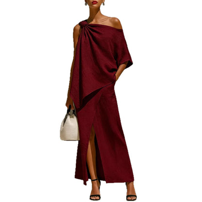 Women's One Shoulder Knot Front Slit Irregular Two Piece Set Solid Color Summer Vacation Outfit