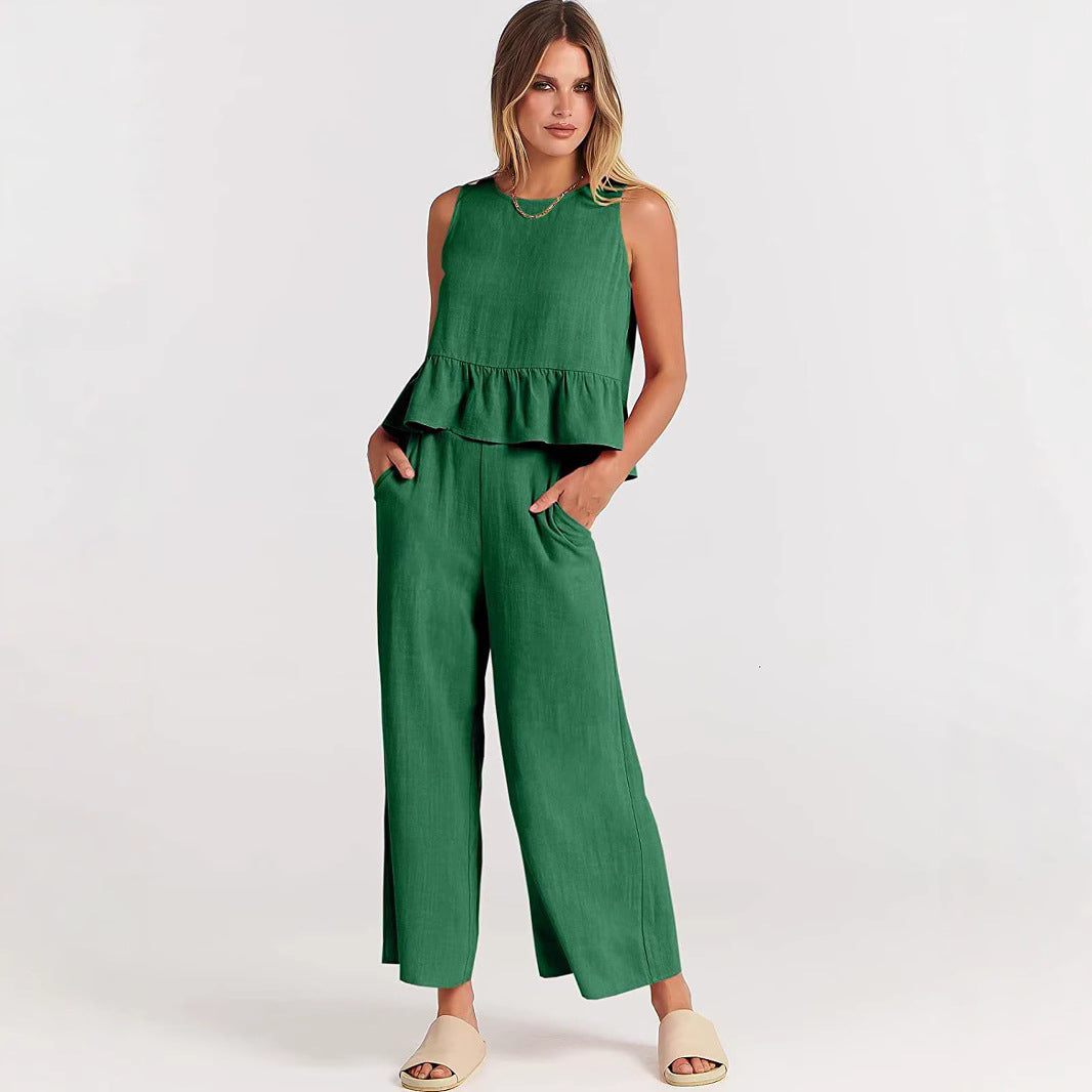 Women's Sleeveless Two Piece Pants Set Casual Ruffle Hem Top and Wide Leg Cropped Pants Matching Summer Outfit - Seldom Seen Styles