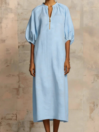 Women's Cotton Linen Midi Dress Puff Sleeve Loose Fit Casual Summer Dress V Neck Boho Maxi Dress with Pockets