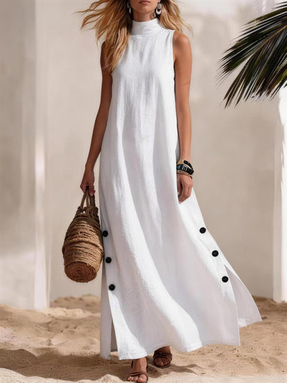 Women's Linen Maxi Dress Sleeveless Side Slit Beach Vacation Dress