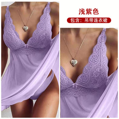 Women's Sheer Mesh Babydoll Lingerie Set Floral Lace V Neck Chemise Nightgown Sexy Sleepwear with Matching Panties