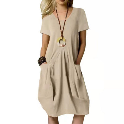 Women's Cotton Linen Loose Midi Dress Casual Short Sleeve Pocket Shift Dress