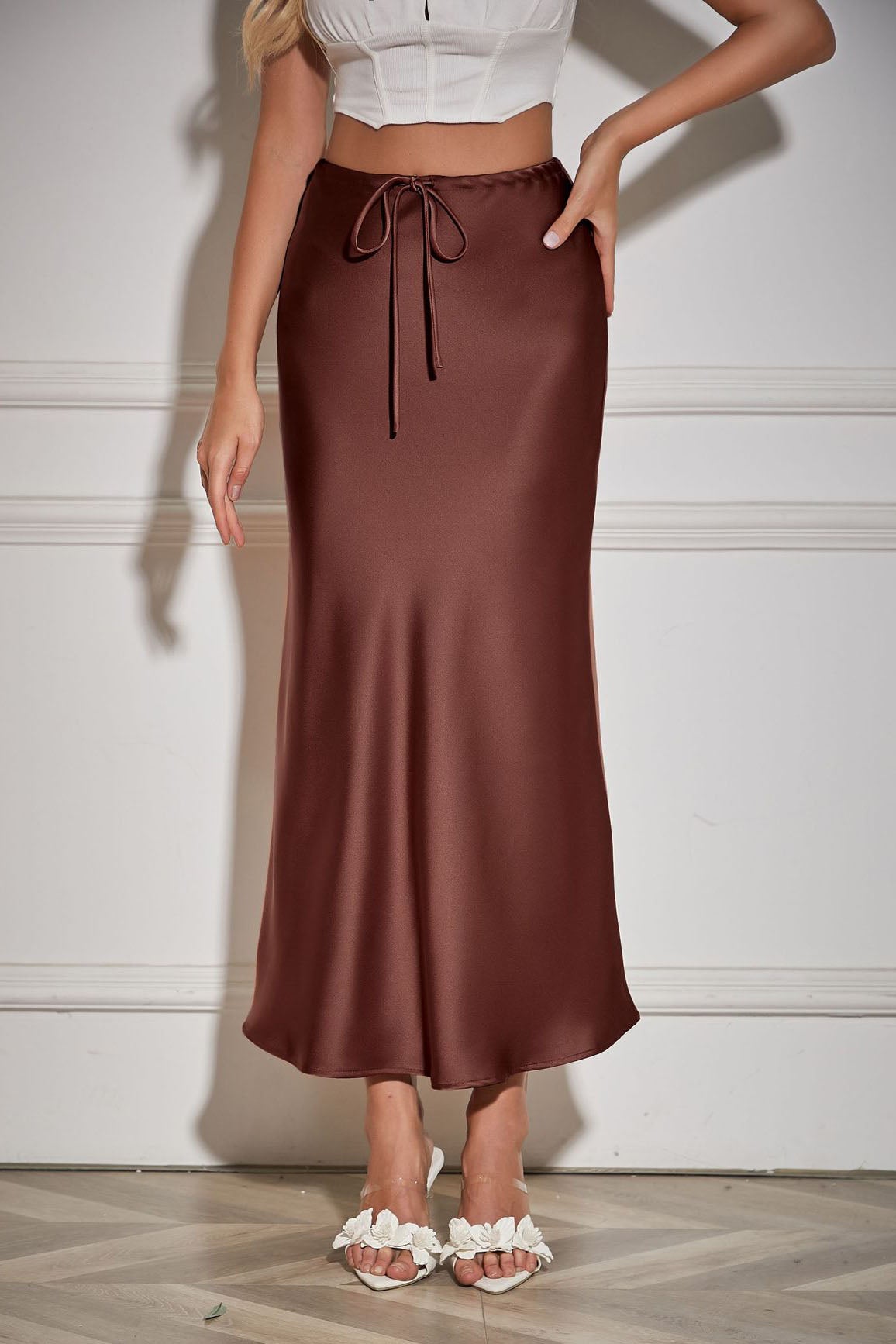 Satin High-Waisted Drawstring Belt Solid Color Midi Skirt - Seldom Seen Styles