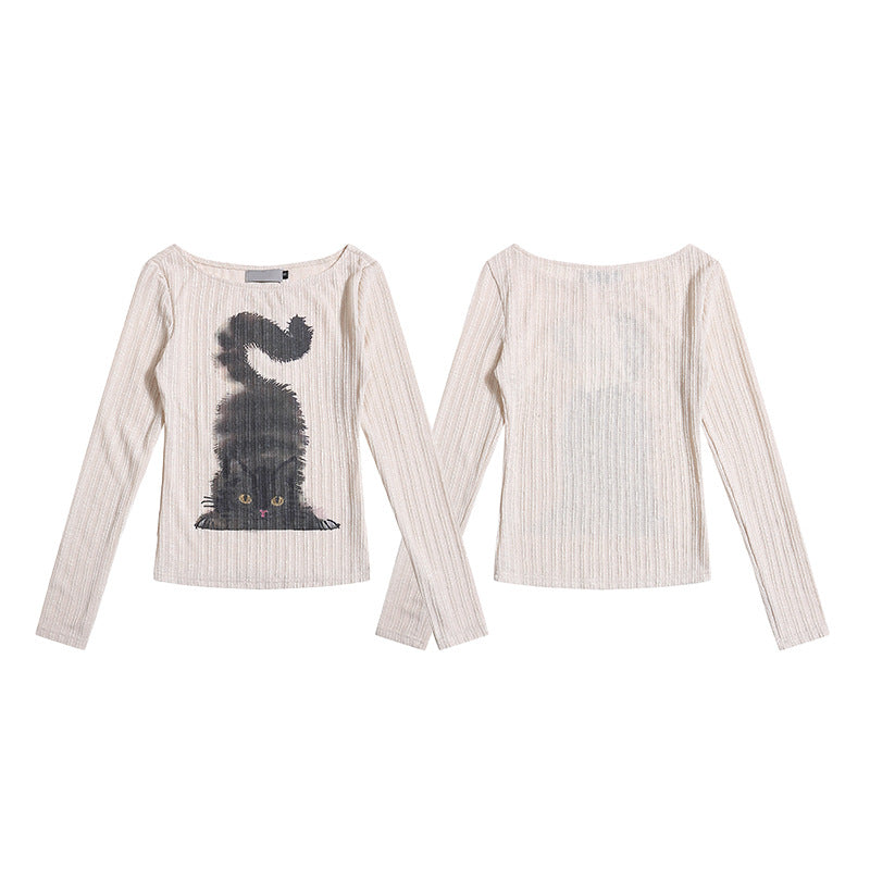 Retro Fluffy Cat Ribbed Knit Long Sleeve Top