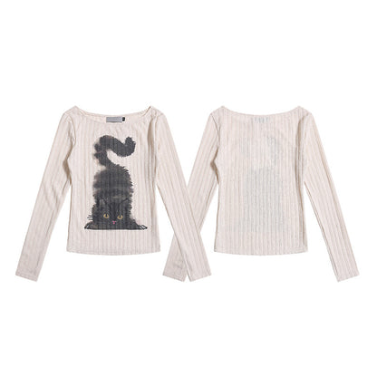 Retro Fluffy Cat Ribbed Knit Long Sleeve Top