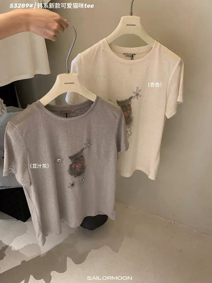 Stellen Sie sich vor: SAILORMOON koreanisches vielseitiges, süßes Katzen-Print, locker sitzendes kurzärmeliges T-Shirt für Damen, Sommer-Pullover