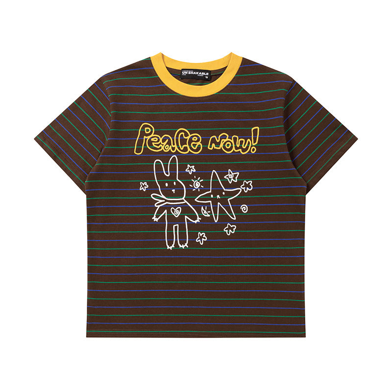 Peace Bunny Stripe Ringer T-Shirt Short Sleeve Crew Neck Casual Summer Cute Streetwear Tee | Peace Bunny Ringer