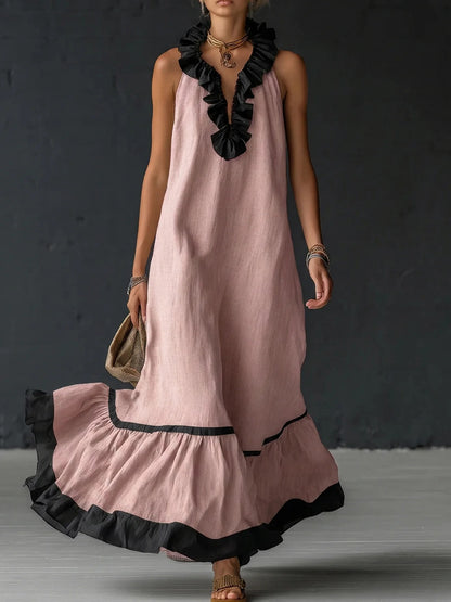 Women's Sleeveless V-Neck Ruffle Maxi Dress Loose Casual Summer Beach Vacation Long Vest Dress