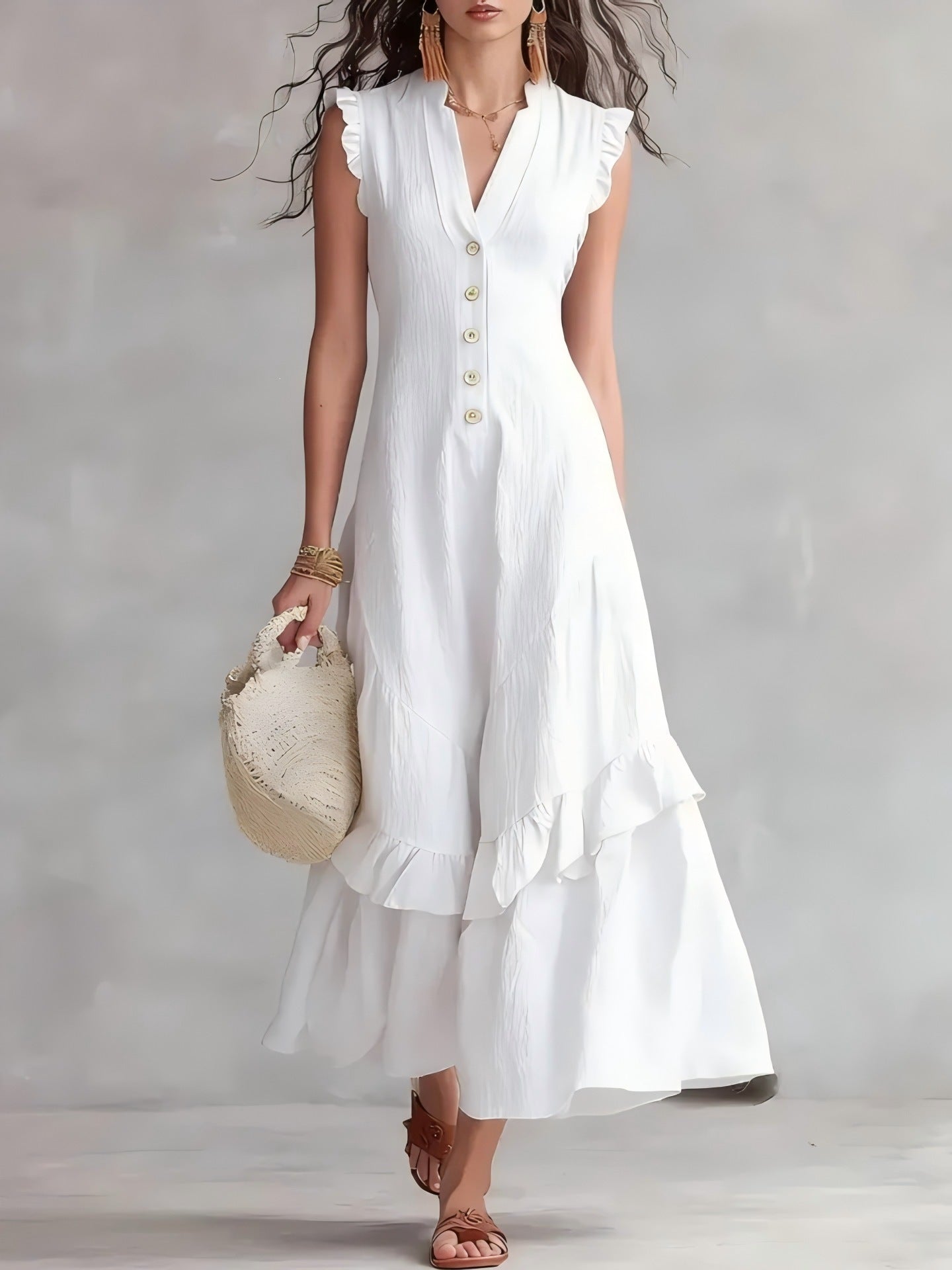 Women's Cotton Linen Maxi Dress Sleeveless V Neck Button Front Ruffle Hem Boho Summer Dress with Pockets - Seldom Seen Styles