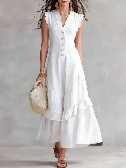 Women's Cotton Linen Maxi Dress Sleeveless V Neck Button Front Ruffle Hem Boho Summer Dress with Pockets