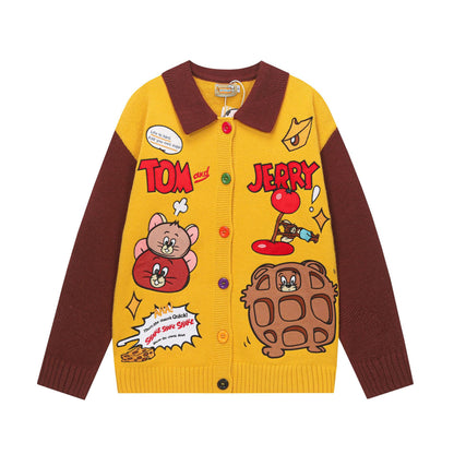 Cartoon Embroidery Color Block Kitty Knit Cardigan Unisex Loose Fit Niche Couple Sweater Jacket Streetwear | Kitty Cardi