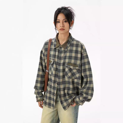 Japanese Retro Patch Splicing Plaid Long Sleeve Shirt Loose Couple Casual Street Trendy | Patch Plaid Shirt