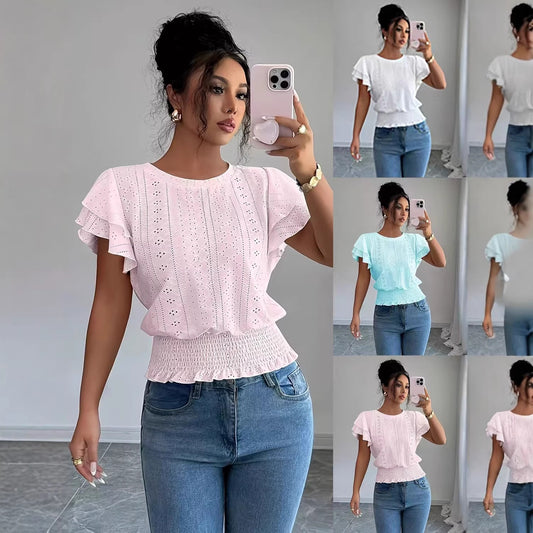Women's Eyelet Flutter Sleeve Blouse Crew Neck Smocked Hem Casual Summer Top - Seldom Seen Styles