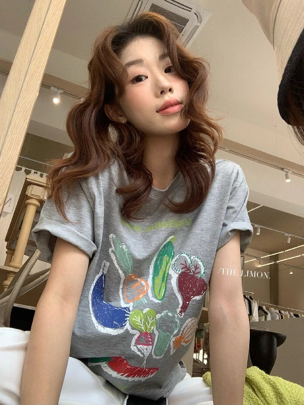 Vegetable Print T-Shirt – Casual Loose Fit Summer Tee - Seldom Seen Styles