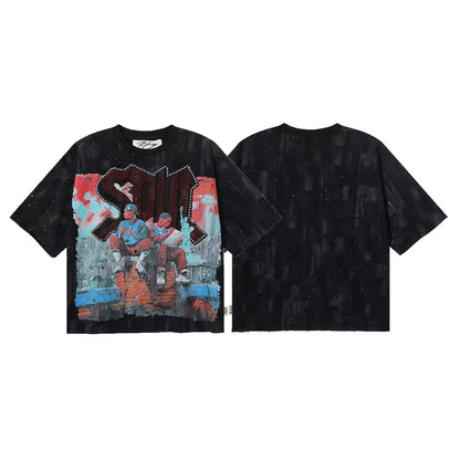 DARKAGE Skull Biker Lightning Vintage Washed Heavyweight Tee