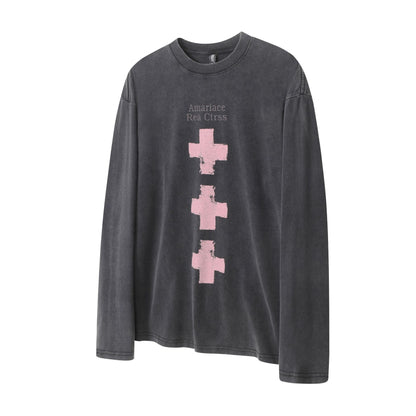 Faux Two-Piece Distressed Camo Sleeve Long Sleeve Tee - Washed Black