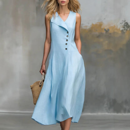 Women's Sleeveless Linen Midi Dress Button Front Lapel V Neck Casual A Line Summer Dress with Pockets