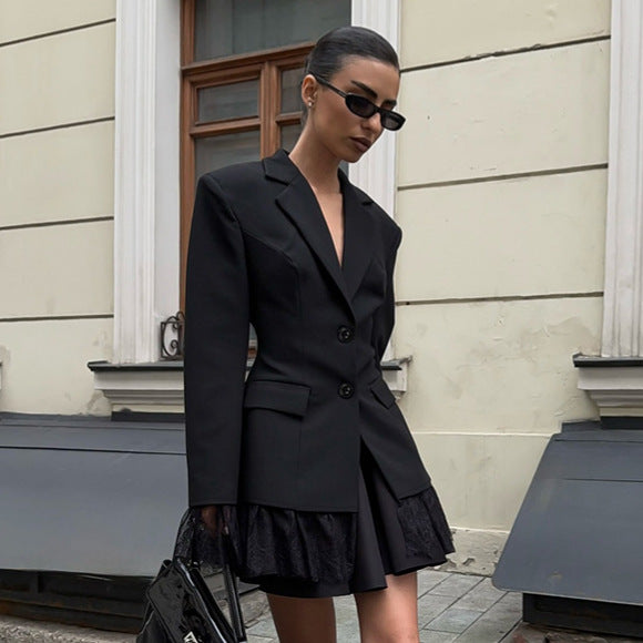 Women's Lace Trim Blazer Elegant Tailored Waist Slim Fit Long Sleeve Suit Jacket - Seldom Seen Styles