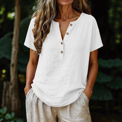 Women's V-Neck Button Up Short Sleeve Solid Color Relaxed Fit Casual Summer Vacation Top