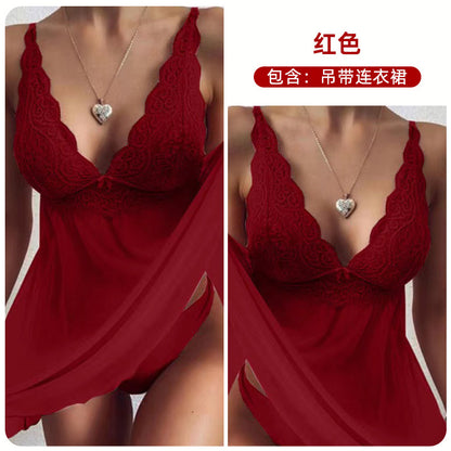 Women's Sheer Mesh Babydoll Lingerie Set Floral Lace V Neck Chemise Nightgown Sexy Sleepwear with Matching Panties