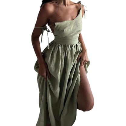 Women's One Shoulder Linen Midi Dress High Waist Elegant Vacation Sundress