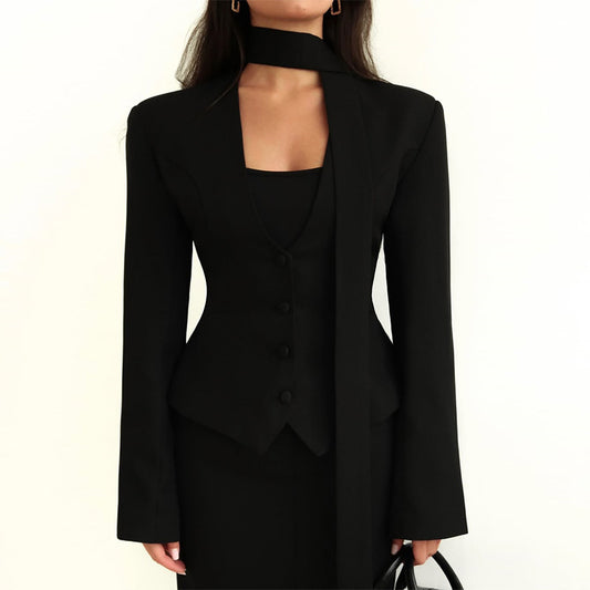 Women's new fashion solid color V-neck scarf with long sleeve casual small suit jacket top - Seldom Seen Styles