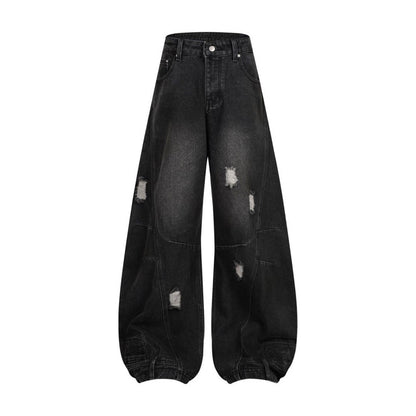 Men's Washed Ripped Hole Deconstruction Splicing Straight Jeans Loose Wide Leg Denim Pants Retro American Streetwear Casual Summer | Rip Splice