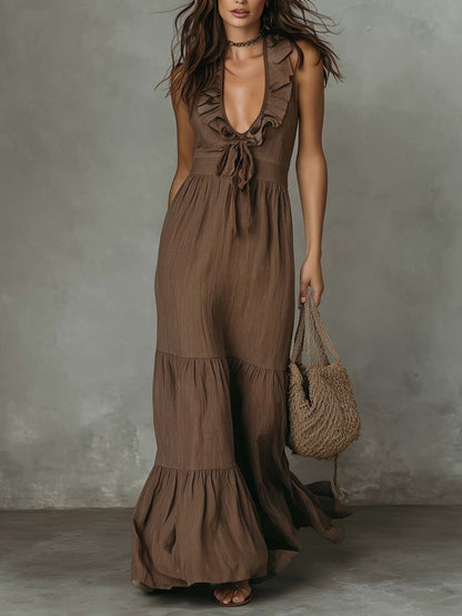 Women's Deep V Neck Ruffle Sleeveless Maxi Dress Loose Fit Casual Summer Beach Dress