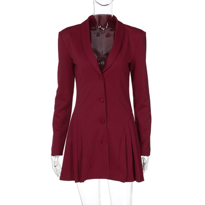 Neuer einfarbiger, sexy, dunkler V-Anzug, Hals-Cardigan im Royal Sister Style, kurzes Kleid mit Rüschensaum für Damen