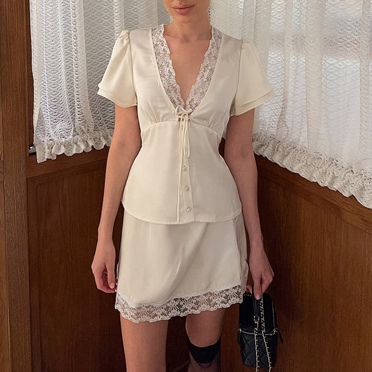 Women's Satin Lace Two Piece Skirt Set Elegant Short Sleeve Blouse and Mini Skirt - Seldom Seen Styles