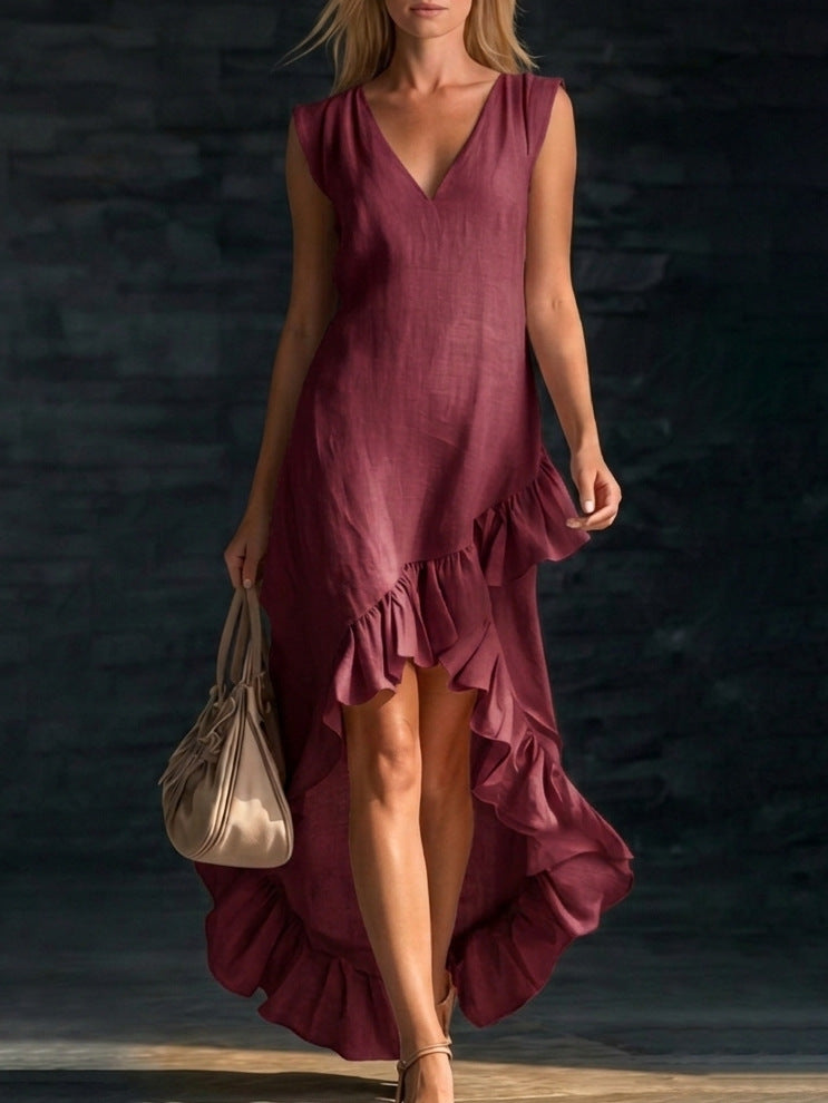Women's V Neck Ruffle Hem Sleeveless Maxi Dress Cotton Linen Loose Fit Casual Summer Beach Dress - Seldom Seen Styles