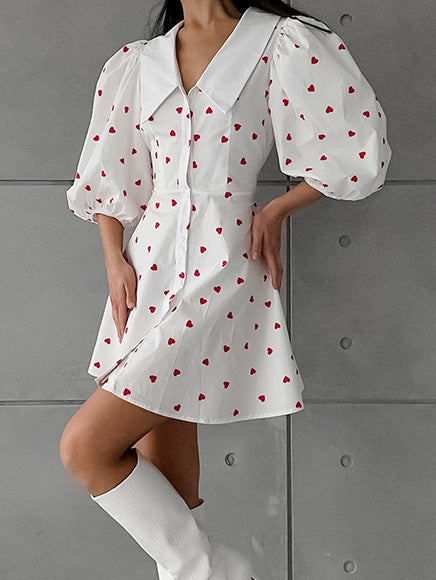 Women's Heart Print Puff Sleeve Mini Dress Button Down A Line Cute Summer Dress - Seldom Seen Styles