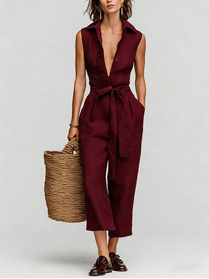Women's Linen Blend Sleeveless V-Neck Belted Jumpsuit Casual Summer Vacation Outfit
