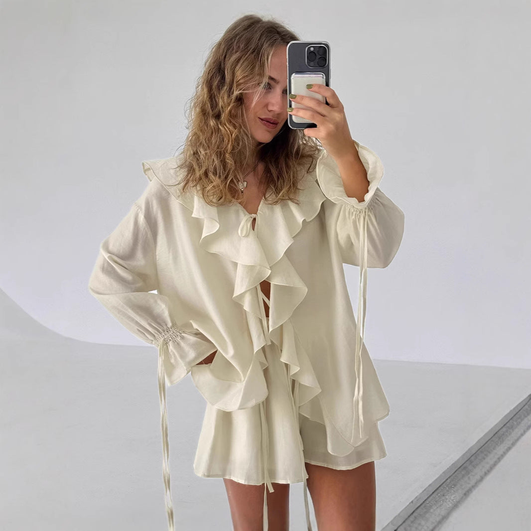 Women's Ruffle Two Piece Shorts Set Long Sleeve Loose Blouse and Shorts Outfit - Seldom Seen Styles