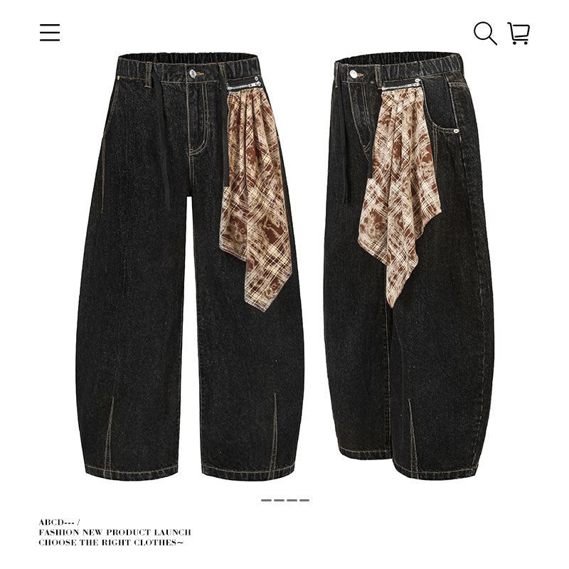 Seakoff Detachable Plaid Side-Panel Wide-Leg Jeans