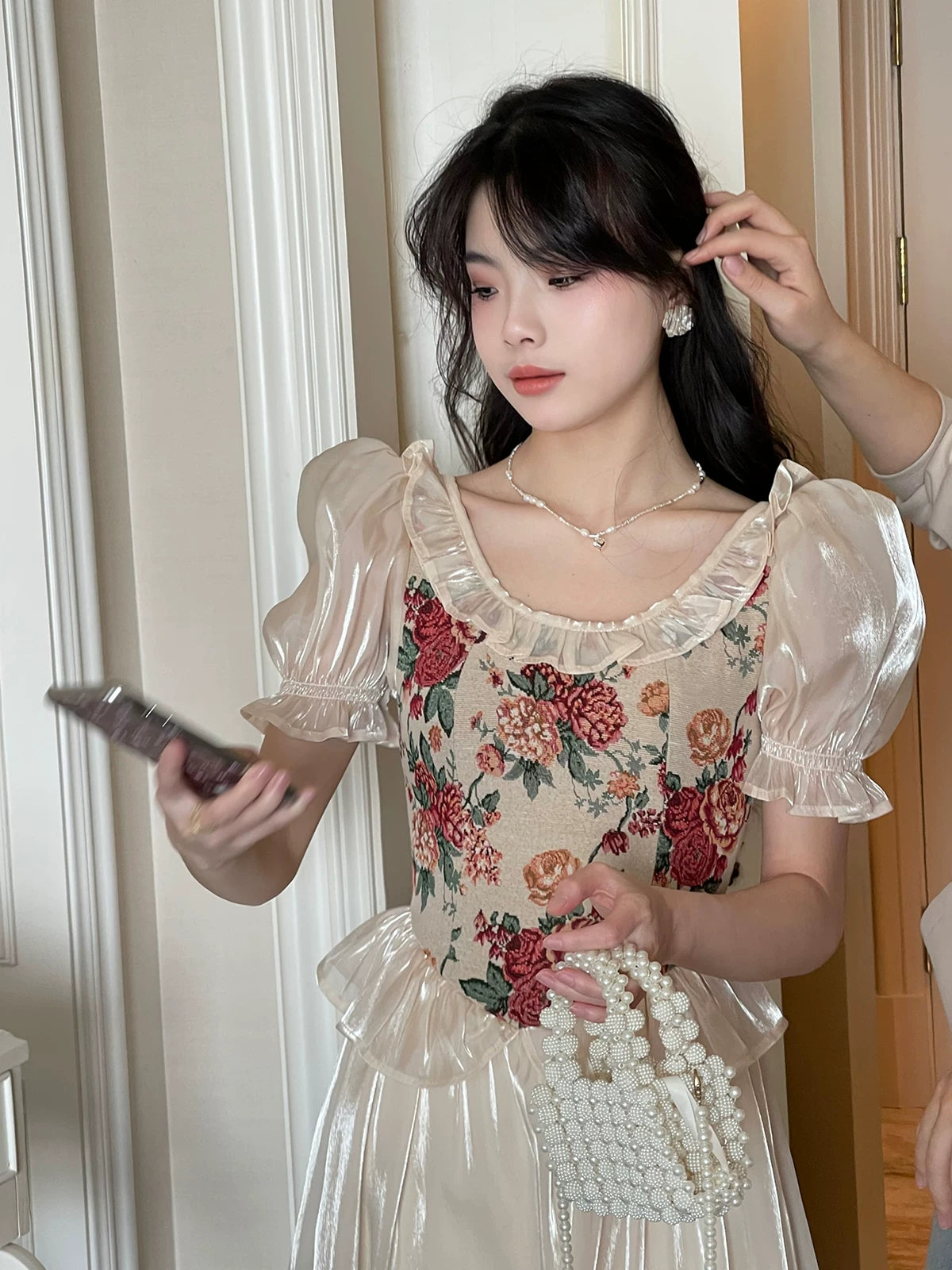 French Vintage Floral Corset Dress – Elegant Puff Sleeve Cottagecore Princess Midi Dress for Women - Seldom Seen Styles