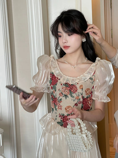 French Vintage Floral Corset Dress – Elegant Puff Sleeve Cottagecore Princess Midi Dress for Women