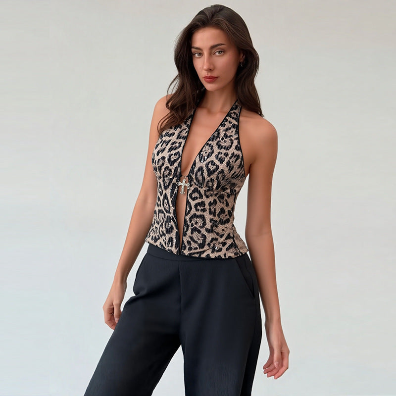 Neck Leopard Print Wild Sexy Hottie Slim Deep V Halter Sleeveless Neck Sexy Vest Ladies Top - Seldom Seen Styles