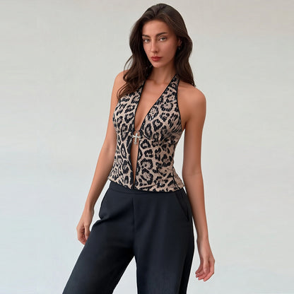 Neck Leopard Print Wild Sexy Hottie Slim Deep V Halter Sleeveless Neck Sexy Vest Ladies Top