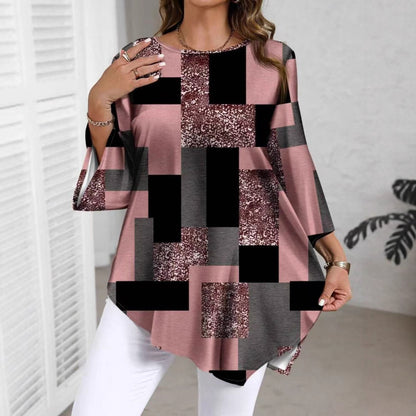 Women's Abstract Print Tunic Top Casual Loose Fit Blouse Asymmetrical Hem 3/4 Sleeve Plus Size Top