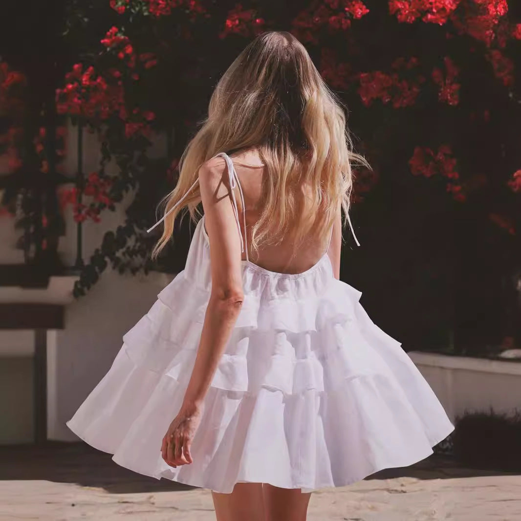 Suspender dress summer multi-layer ruffle edge cake dress short backless suspender dress - Seldom Seen Styles