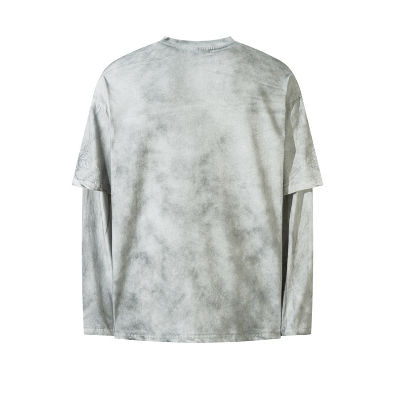 Women's American Washed Spray Paint Fake Two-Piece Long Sleeve T-Shirt Street Loose Unisex Casual Versatile Top | Spray Wash Tee
