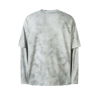 Women's American Washed Spray Paint Fake Two-Piece Long Sleeve T-Shirt Street Loose Unisex Casual Versatile Top | Spray Wash Tee