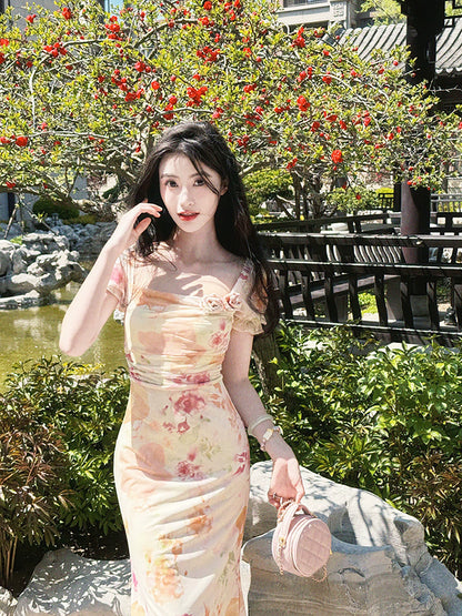 French Vintage Square Neck Floral Midi Dress – Slim Fit Fishtail Elegant Dress for Women