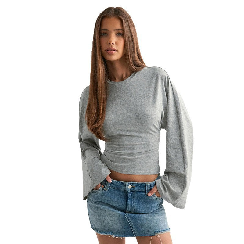 Women's Ruched Long Sleeve Top with Wide Sleeves Crew Neck Fitted Casual Blouse - Seldom Seen Styles