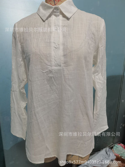 Women's Linen Blend V Neck Shirt Casual Loose Long Sleeve Blouse Lightweight Button Front Tunic Top