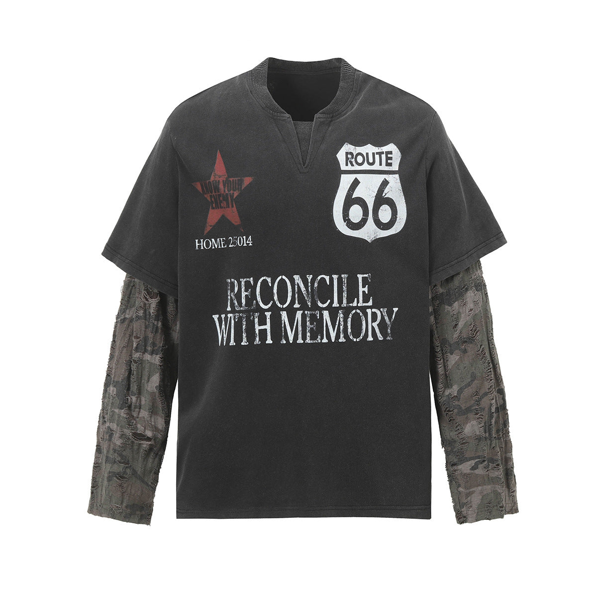 Faux Two-Piece Distressed Camo Sleeve Long Sleeve Tee - Washed Black