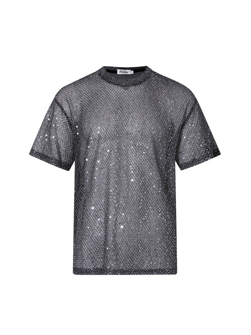 WDIRARA Men's Rhinestone Mesh Sheer T Shirt
